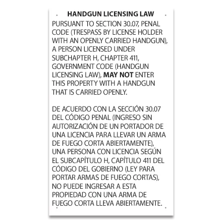 Handgun Licensing Law Sign (30.07)